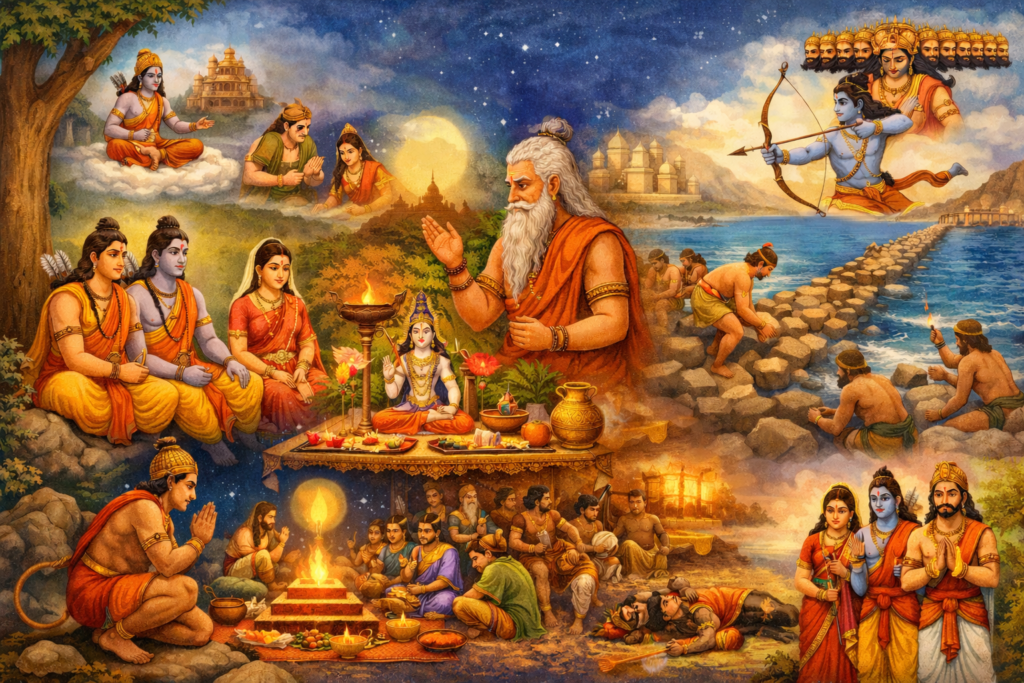Vijaya Ekadashi story illustration showing Lord Rama observing Ekadashi fast, sage advising him, construction of Ram Setu, and victory over Ravana in Lanka