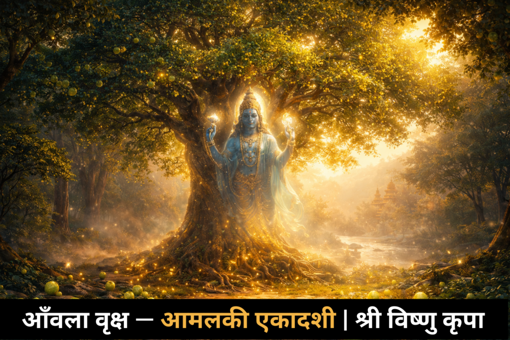 Amalaki Ekadashi Vrat Puja at Amla tree with Lord Vishnu and oil lamp.