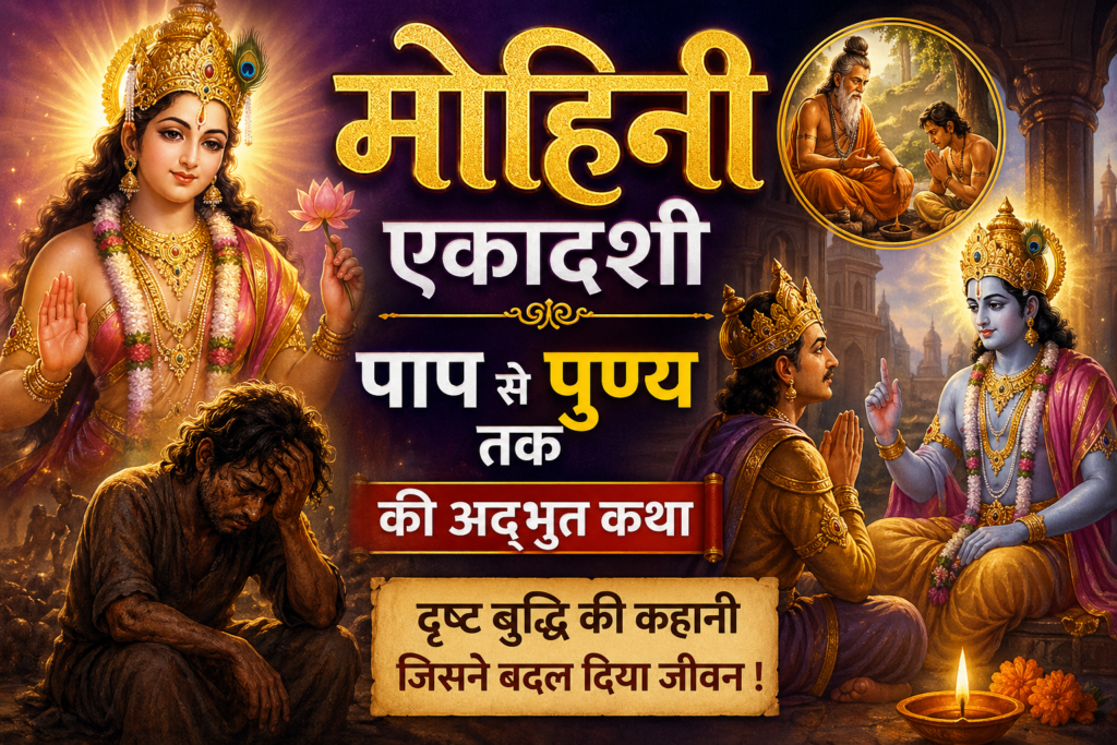 Spiritual thumbnail showing Lord Vishnu in Mohini form, Lord Krishna, Yudhishthira, and Drishta Buddhi in Mohini Ekadashi Vrat Katha