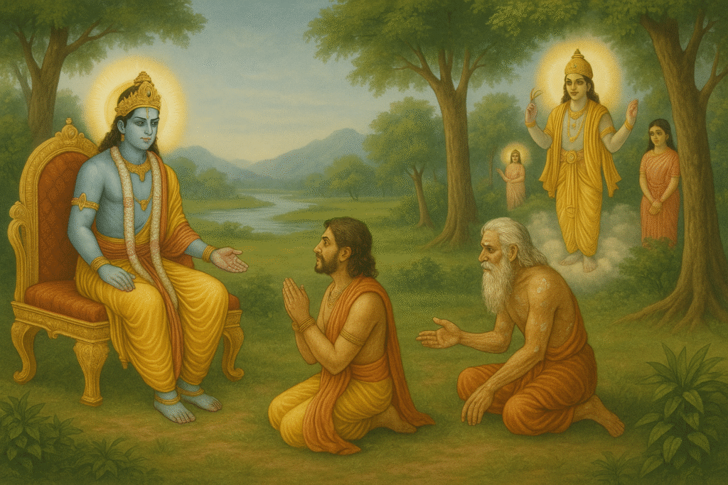 Yogini Ekadashi story scene with Krishna, Yudhishthira, sage Markandeya, and Hemamali in a divine forest setting