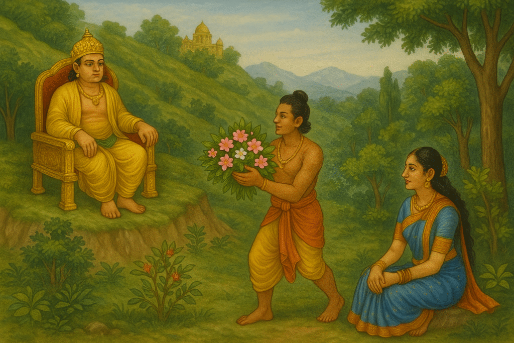 Kubera waiting on his throne as Hemamali offers flowers to Vishalakshi in Alakapuri – scene from Yogini Ekadashi story.