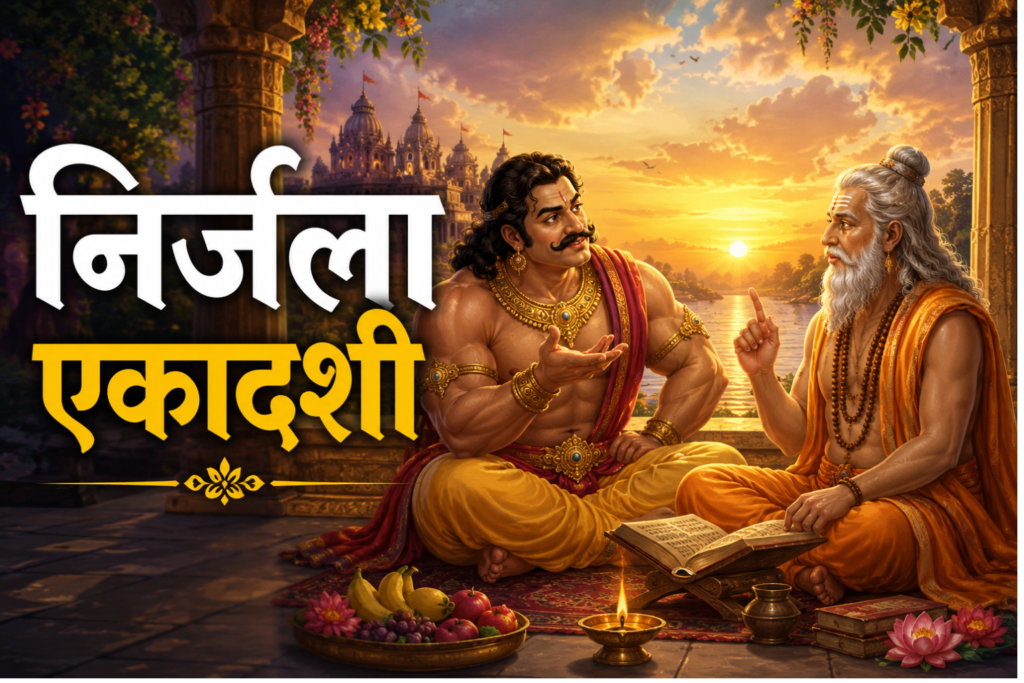 Bhima listening to Sage Vyasa explaining the significance of Nirjala Ekadashi Vrat, depicting the origin of Bhimseni Ekadashi and its spiritual benefits.