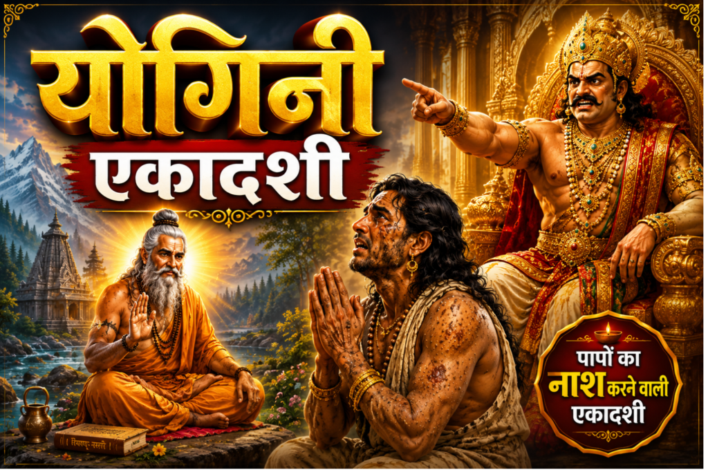 Yogini Ekadashi Vrat Katha in Hindi featuring Kubera, Hemamali, and Sage Markandeya explaining the significance of Yogini Ekadashi.