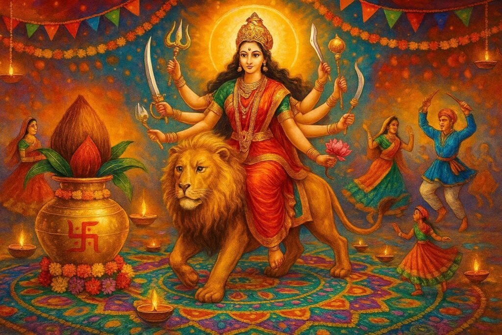 Navratri celebration with Goddess Durga, nine forms, Kalash Sthapana, and Kanya Poojan rituals