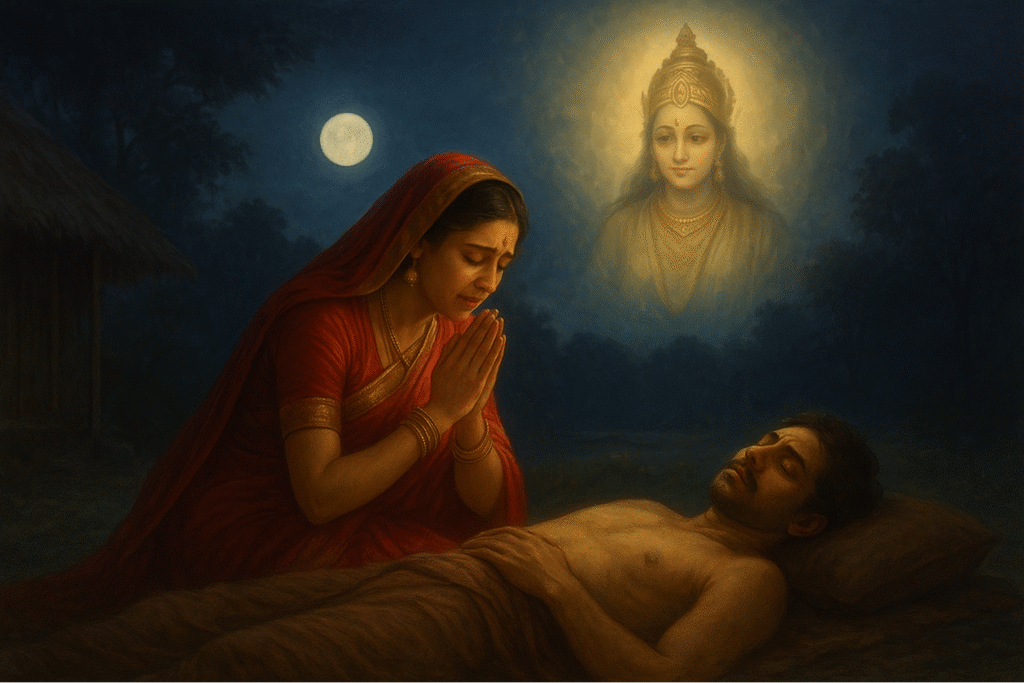 Devoted woman in red saree praying to Goddess Parvati beside her unconscious husband under full moon, divine blessing scene from Karva Chauth story.