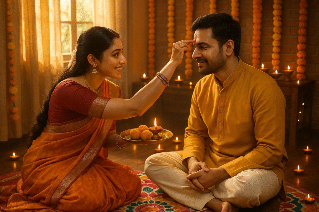 Brother and sister celebrating Bhai Dooj with tilak, sweets, and diyas, Yam Dwitiya tradition near Yamuna