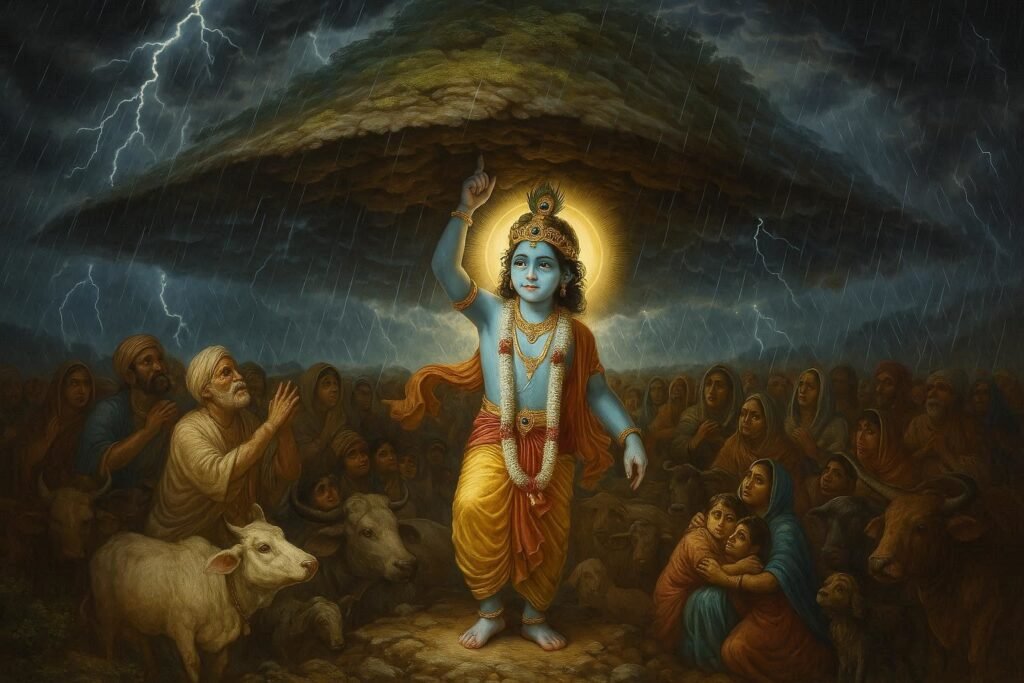 Shri Krishna lifting Govardhan Hill in Vrindavan to protect villagers and animals during a storm — divine scene of Govardhan Pooja and Giriraj Leela.