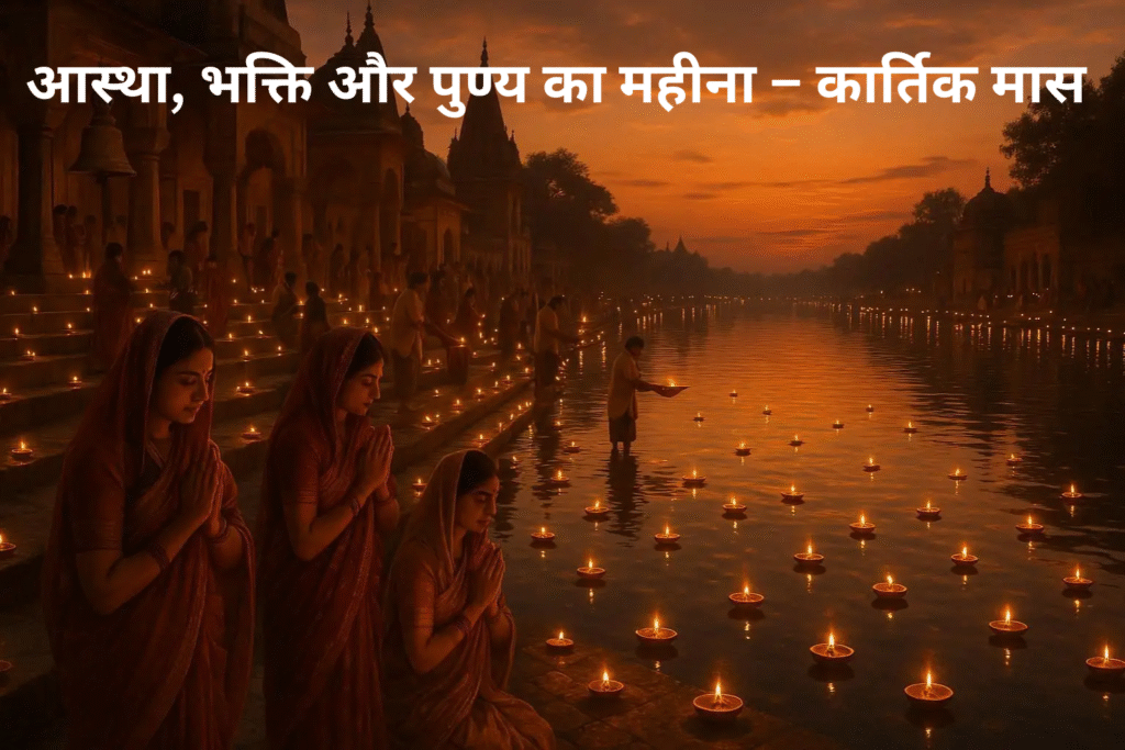 A sacred scene of Kartik Maas with glowing diyas – devotion, charity, and worship of Lord Vishnu.