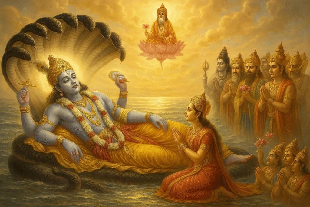 Lord Vishnu awakening from his divine sleep on Dev Uthani Ekadashi, surrounded by gods like Brahma, Shiva, Lakshmi, and Ganesha offering prayers.