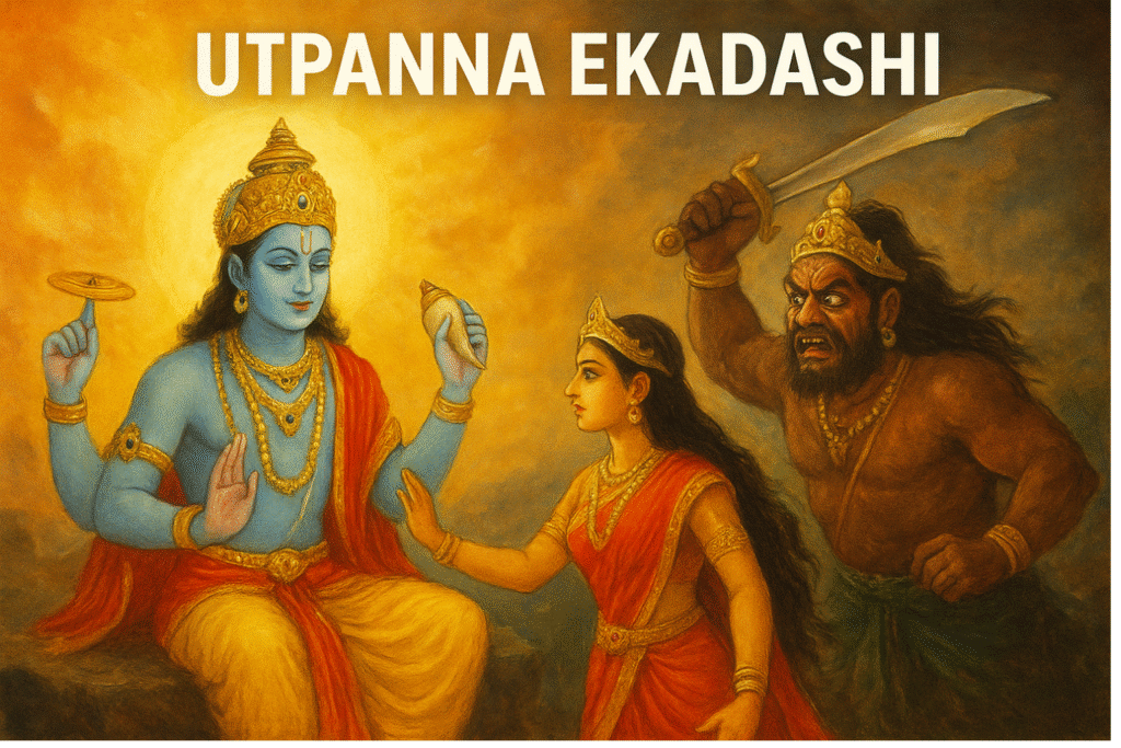 Painting of Lord Vishnu, Goddess Ekadashi, and demon Mura from the Utpanna Ekadashi story in Hindu mythology, symbolizing the victory of divine power over evil.