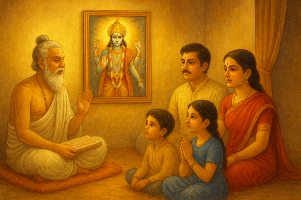 A Hindu family listening to Satyanarayan Bhagwan ki Katha as a priest narrates the Satya Narayan Vrat Katha during Shri Satyanarayan Pooja, depicting a traditional Satyanarayan Katha in Hindi setting.