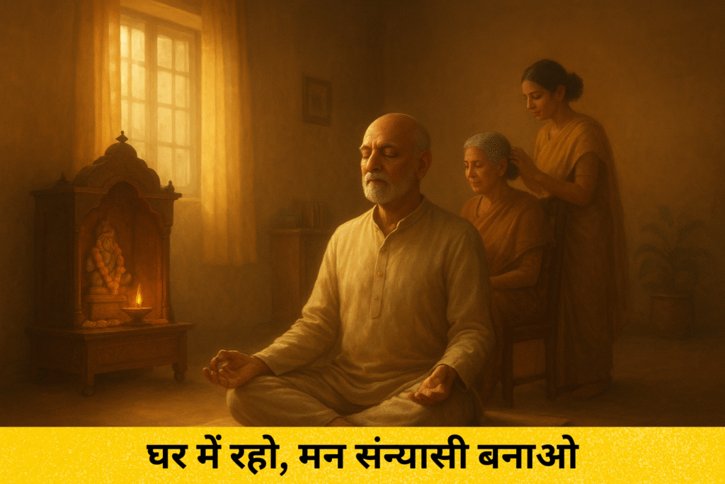 A person meditating peacefully in a warm Indian home, symbolizing the concept of sanyas ashram and spiritual renunciation within grihastha life, with soft light and a home temple.