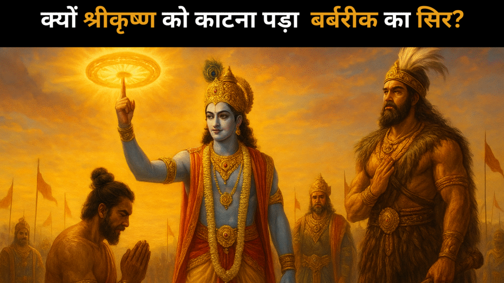 Mahabharat scene of Shri Krishna holding Sudarshan Chakra, preparing to cut Barbarik’s head, with Ghatotkach and assembled kings on the battlefield