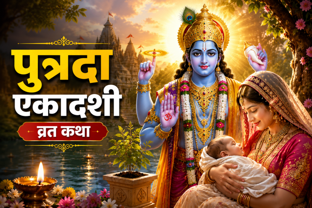 King Mahijit seeking blessings from Sage Lomash in the forest to overcome childlessness through the sacred Putrada Ekadashi vow.