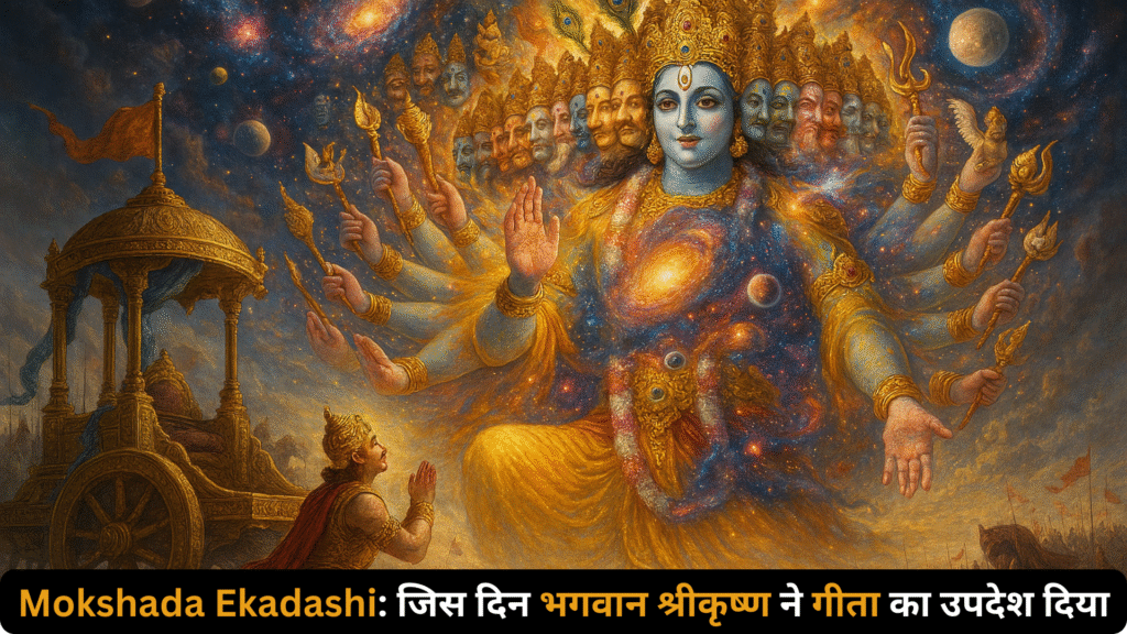 Lord Krishna delivering the Bhagavad Gita to Arjuna on Mokshada Ekadashi, Geeta Jayanti divine moment on the Kurukshetra battlefield.