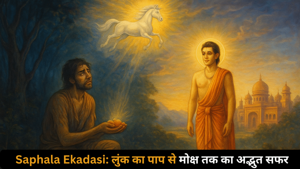 Saphala Ekadasi story illustration – Lunk transforms his sinful life, offers fruits to God, and rides a divine white horse back to his city.