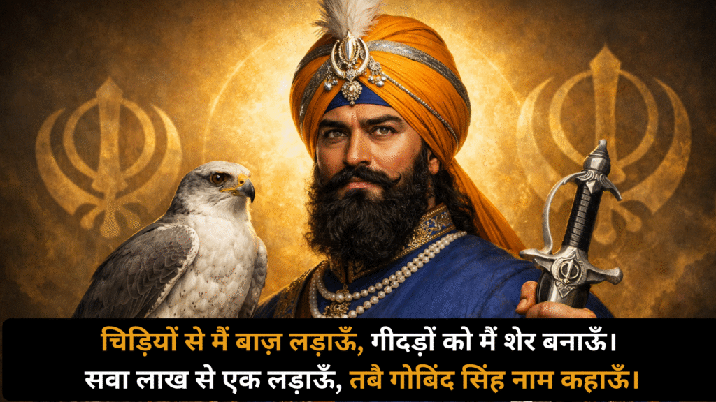 Portrait of Guru Gobind Singh Ji, the 10th Sikh Guru, with white falcon and traditional Kalgi, holding a Khanda sword, looking determined with golden halo background.
