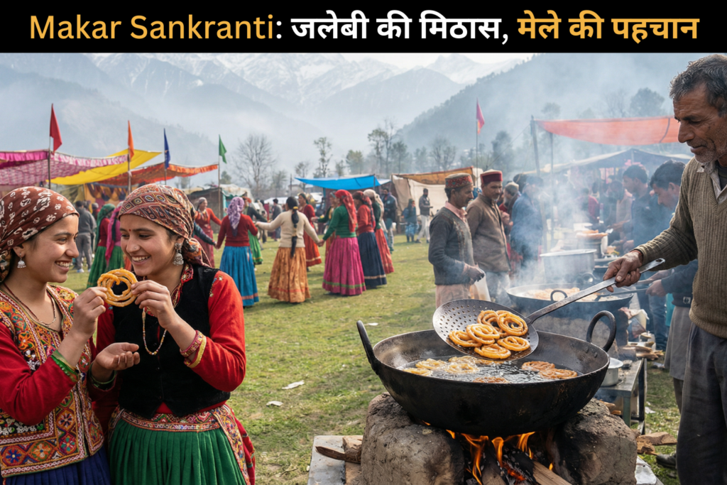 raditional Uttarakhand Makar Sankranti mela in Himalayan field with jalebi stall and people in traditional Pahadi clothing celebrating festival