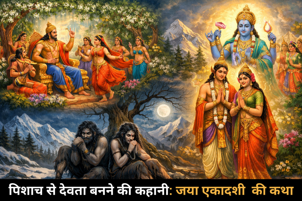 Jaya Ekadashi story illustration showing Lord Indra cursing Malyavan and Pushpavanti and their redemption through Lord Vishnu’s blessings