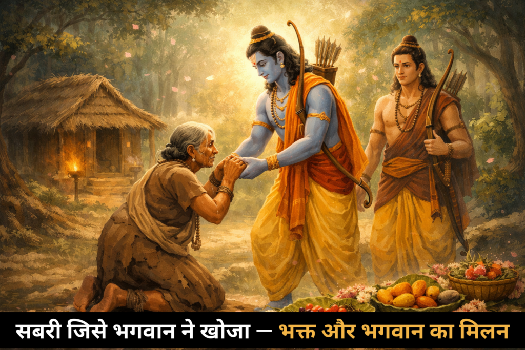Sabri offering berries to Lord Rama in a serene forest, with Lakshman standing nearby, depicting devotion and divine grace from the Ramayana