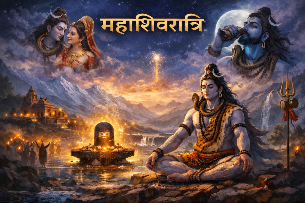Lord Shiva meditating on Mount Kailash during Mahashivratri night with crescent moon on head and Ganga flowing from matted hair
