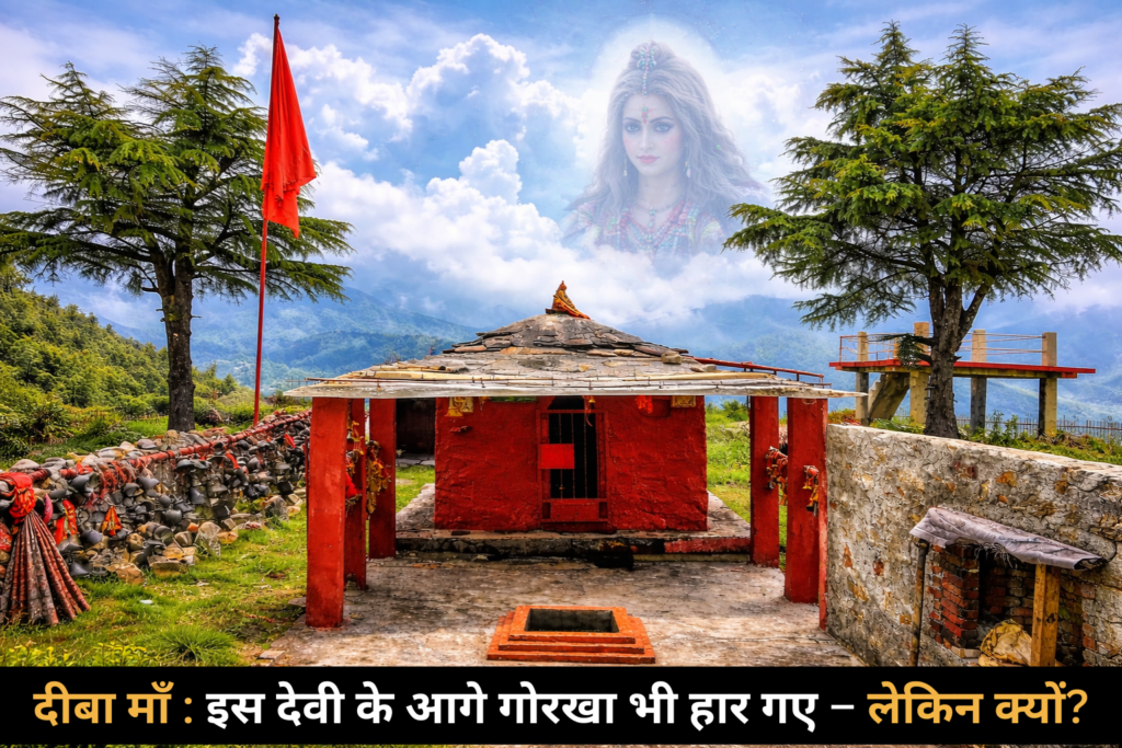 A scenic landscape view of Deeba Mata Temple near Dhumakot, Uttarakhand, surrounded by Himalayan mountains, clouds, and lush green forests.