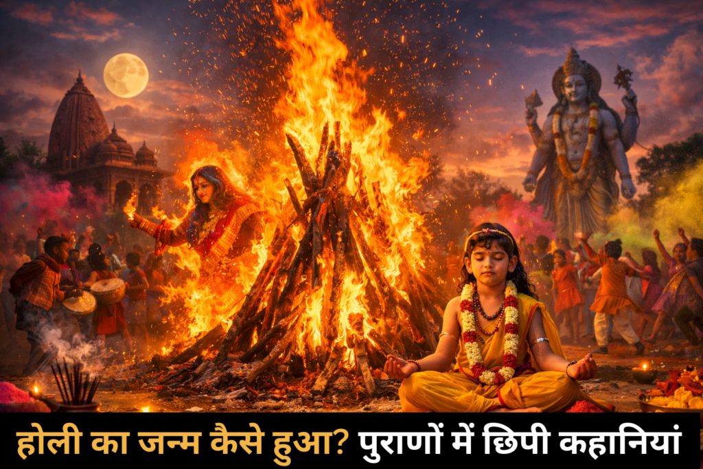 Blazing fire of Holika Dahan where Holika was burned to ashes while devotee Prahlad remained unscathed due to his unwavering faith in Lord Vishnu, Falgun Purnima. Happy Holi
