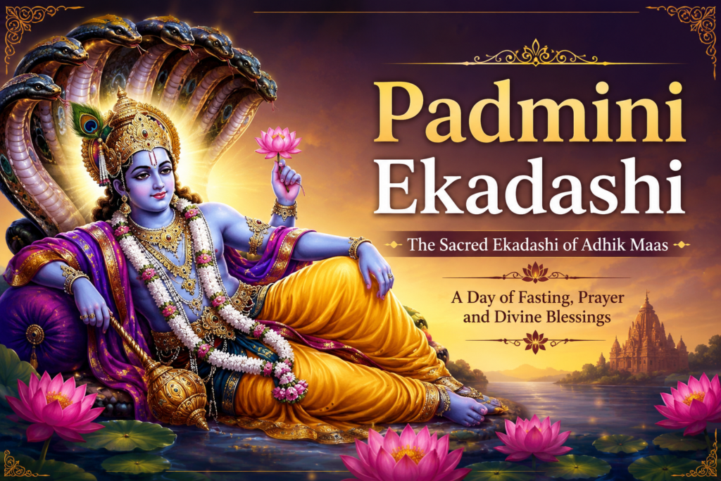 Lord Vishnu reclining on Sheshnag with lotus flowers and golden divine background representing the sacred festival of Padmini Ekadashi during Adhik Maas.