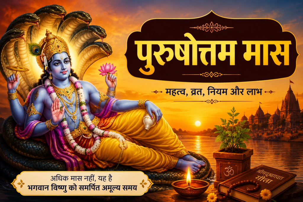Purushottam Maas- Landscape devotional thumbnail of Lord Vishnu on Sheshnag during Purushottam Maas with Hindi text about significance, rituals, rules, and benefits.