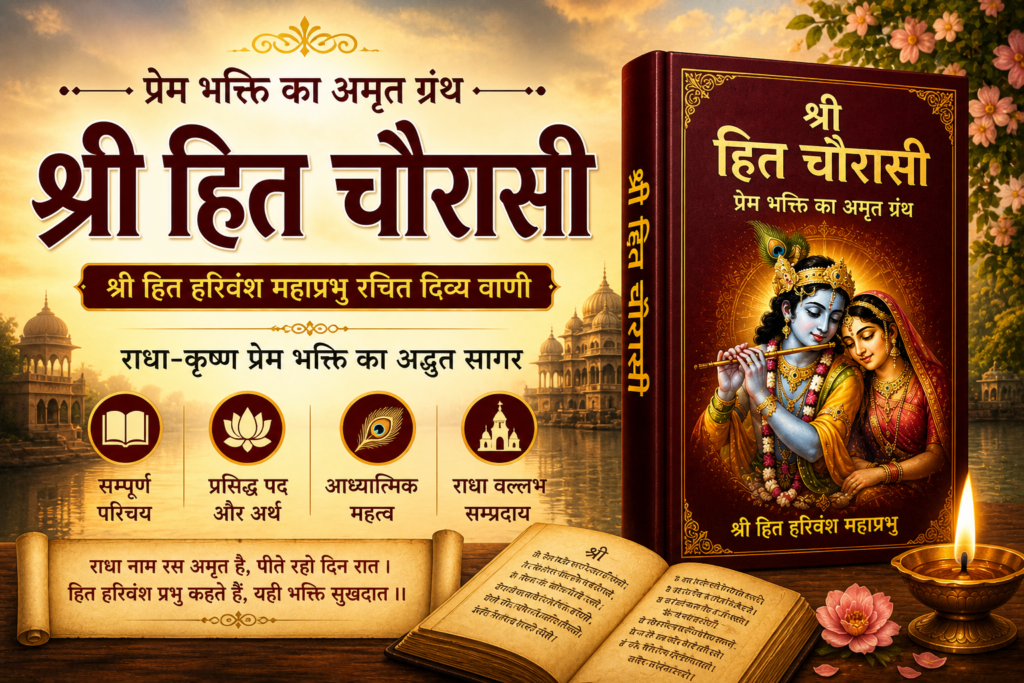 Thumbnail image of Shri Hit Chaurasi devotional book featuring Radha Krishna artwork, spiritual Hindu design, and Hindi title related to Radha Vallabh Sampradaya bhakti granth.