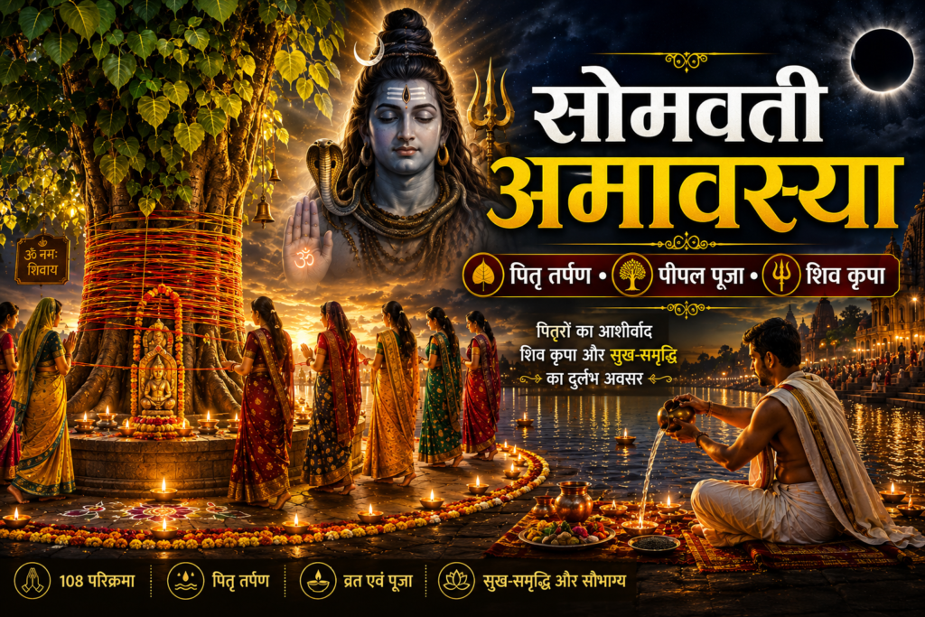 Devotees performing Peepal Tree Puja and Pitra Tarpan on Somvati Amavasya with Lord Shiva blessing devotees during the sacred Hindu festival.