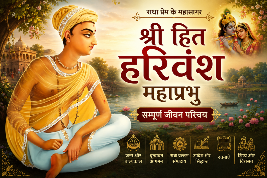 Shri Hit Harivansh Mahaprabhu portrait with Radha Krishna, Vrindavan scenery and complete life introduction of the founder of Radha Vallabh Sampraday