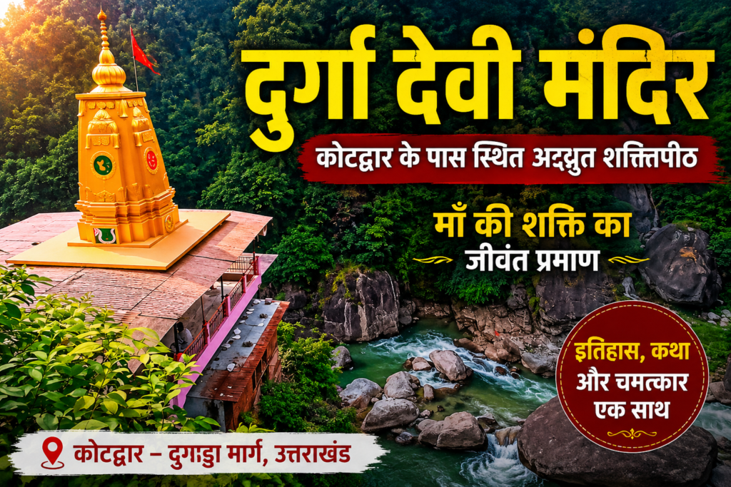 Durga Devi Temple near Kotdwar on the Kotdwar–Dugadda Road in Uttarakhand, nestled beside a river amidst lush green Himalayan forests.