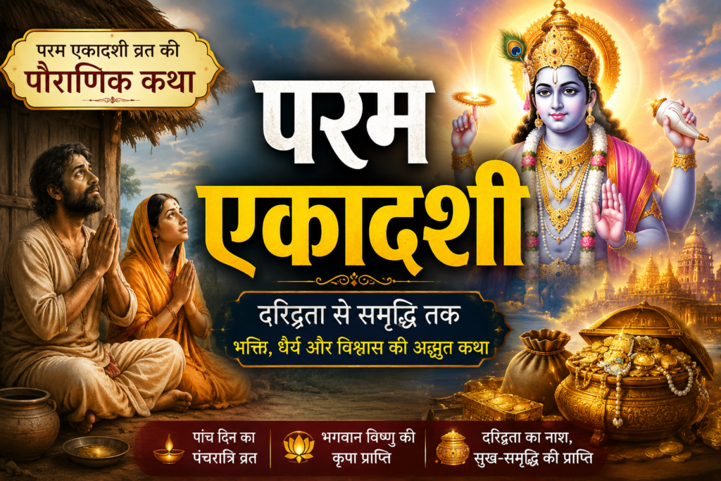 Illustration of the Parama Ekadashi story showing the poor Brahmin Sumedhu and his devoted wife Pavitra praying to Lord Vishnu, symbolizing the blessings of Parama Ekadashi Vrat and the journey from poverty to prosperity.