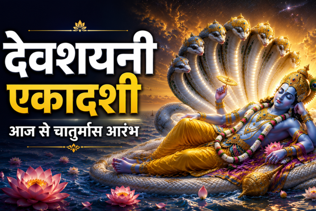 Lord Vishnu resting in Yoga Nidra on Ananta Shesha in the Kshira Sagara during Devshayani Ekadashi, marking the beginning of the sacred Chaturmas.