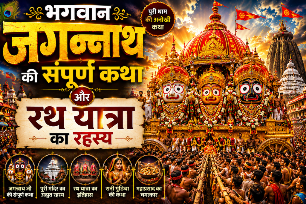Lord Jagannath complete story and Rath Yatra mystery thumbnail featuring Lord Jagannath, Balabhadra, and Subhadra on the grand Puri Rath Yatra chariot with thousands of devotees pulling the sacred ropes at Jagannath Temple Puri.