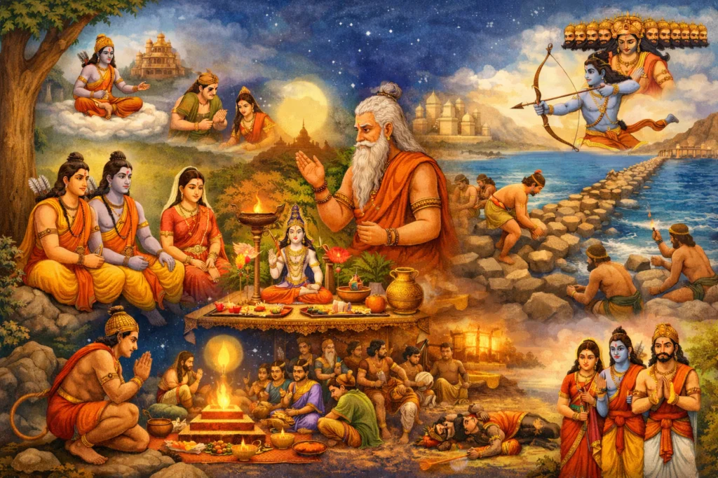 Vijaya Ekadashi story illustration showing Lord Rama observing Ekadashi fast, sage advising him, construction of Ram Setu, and victory over Ravana in Lanka
