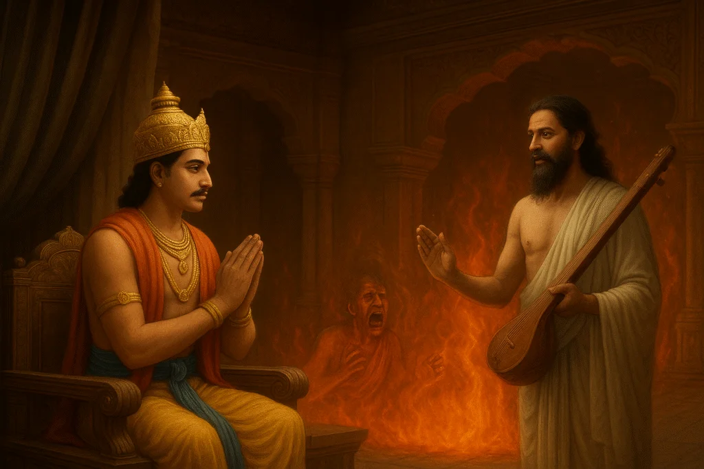 Narad Muni informing King Indrasen about his father’s suffering in Yamlok during Indira Ekadashi.