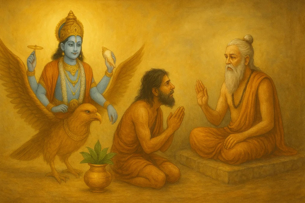 Papankusha Ekadashi story artwork – Lord Vishnu seated on Garuda, hunter seeking forgiveness from sage Angira.