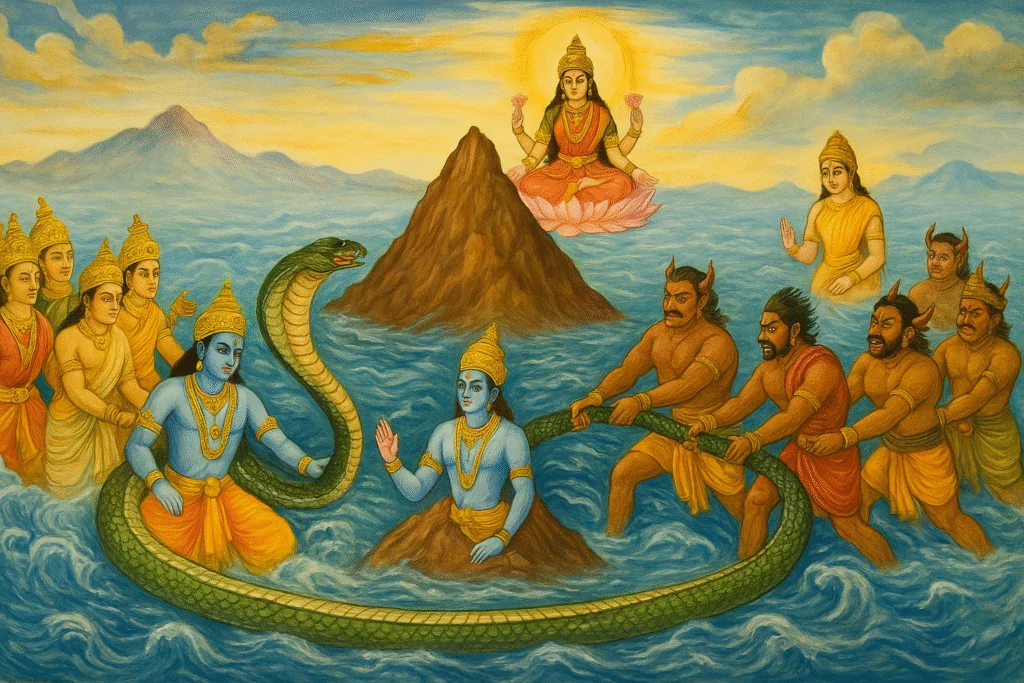 Depiction of Samudra Manthan, the churning of the cosmic ocean by devas and asuras with Mount Mandara and Vasuki; Vishnu overseeing the process in Hindu mythology.