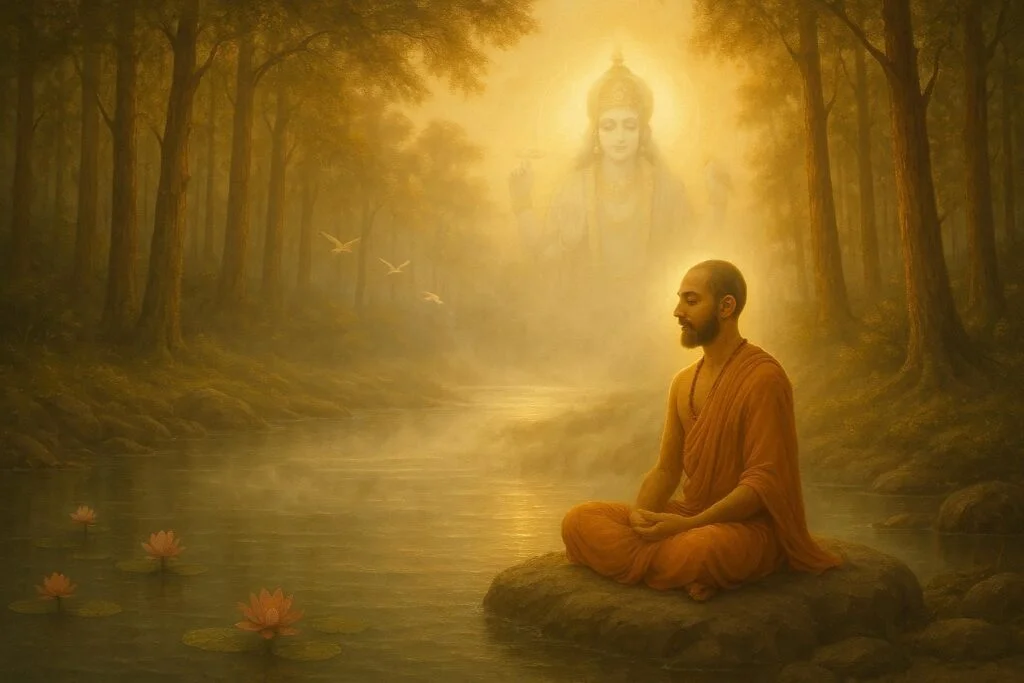 Meditating person in serene nature, immersed in Bhagwat Smaran, with divine aura of Lord Vishnu in the background.