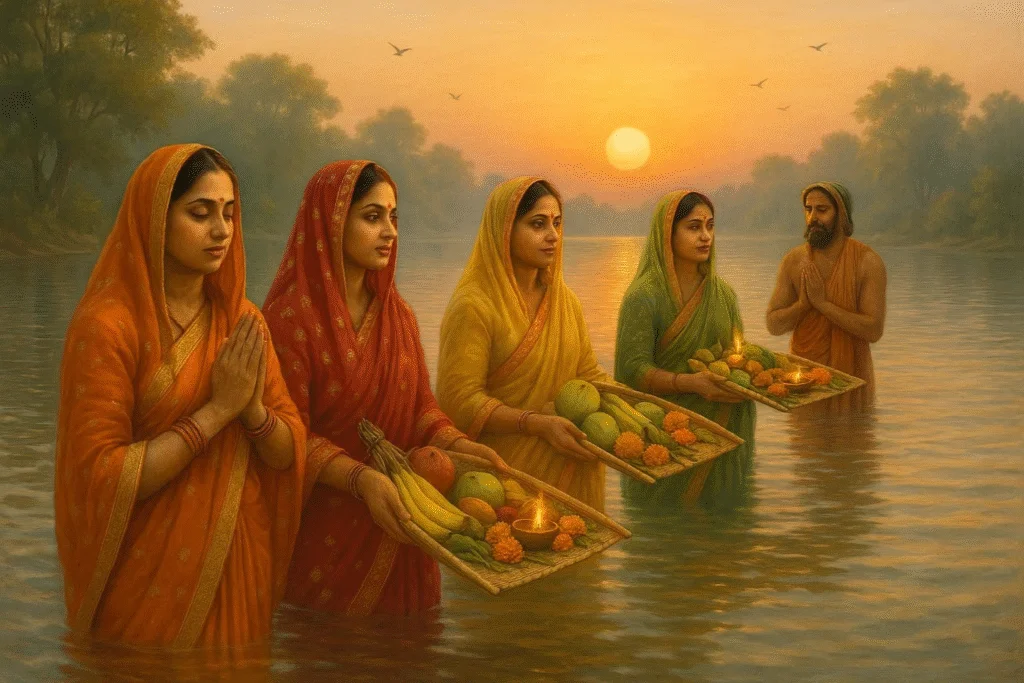 Devotees performing Chhath Puja rituals and offering prayers to Chhathi Maiya during Chhath Parv at sunrise