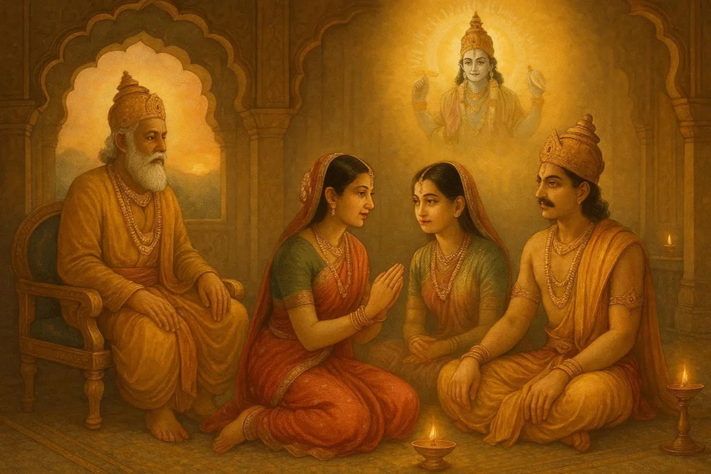 Rama Ekadashi Vrat Katha illustration showing King Muchukunda, Princess Chandrabhaga, and Prince Shobhan observing Ekadashi fast with Lord Vishnu’s divine blessing.