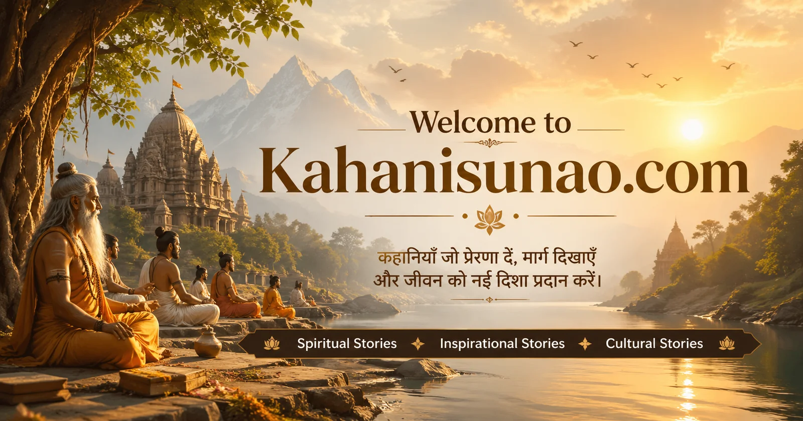 Ancient spiritual Indian landscape with saints meditating near a river, temple, sunrise, and welcome text for Kahanisunao.com homepage banner