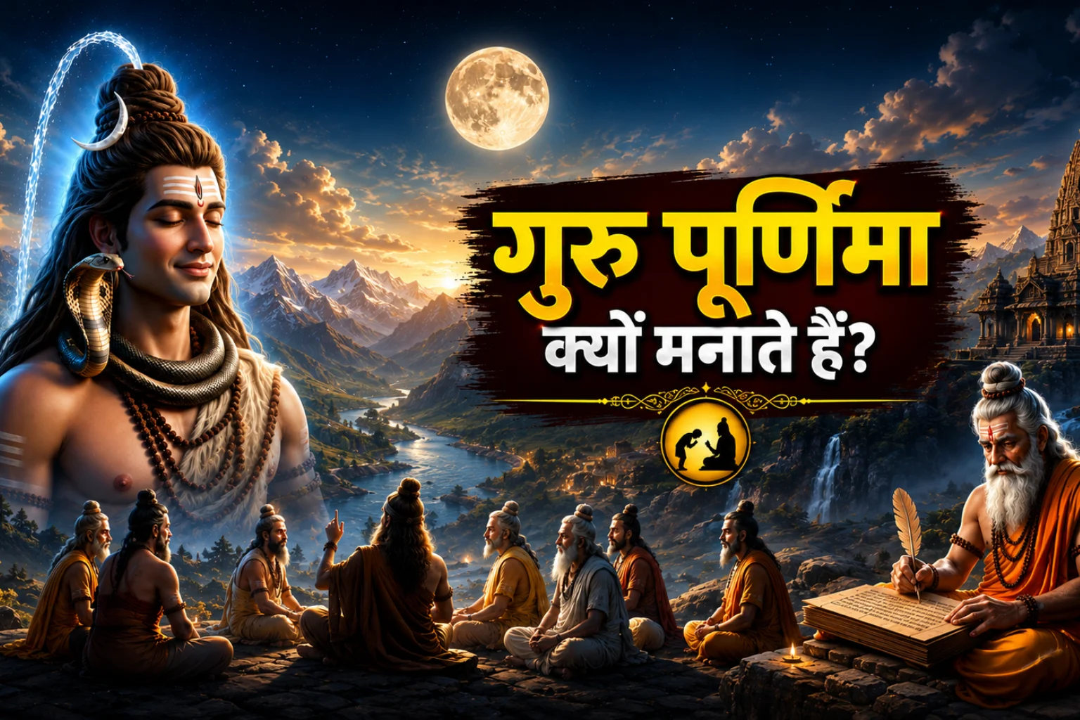 Illustration of Lord Shiva as Adiyogi, Maharishi Ved Vyasa, and the Guru Purnima festival representing the origin of the Guru–Shishya tradition in Sanatan Dharma.