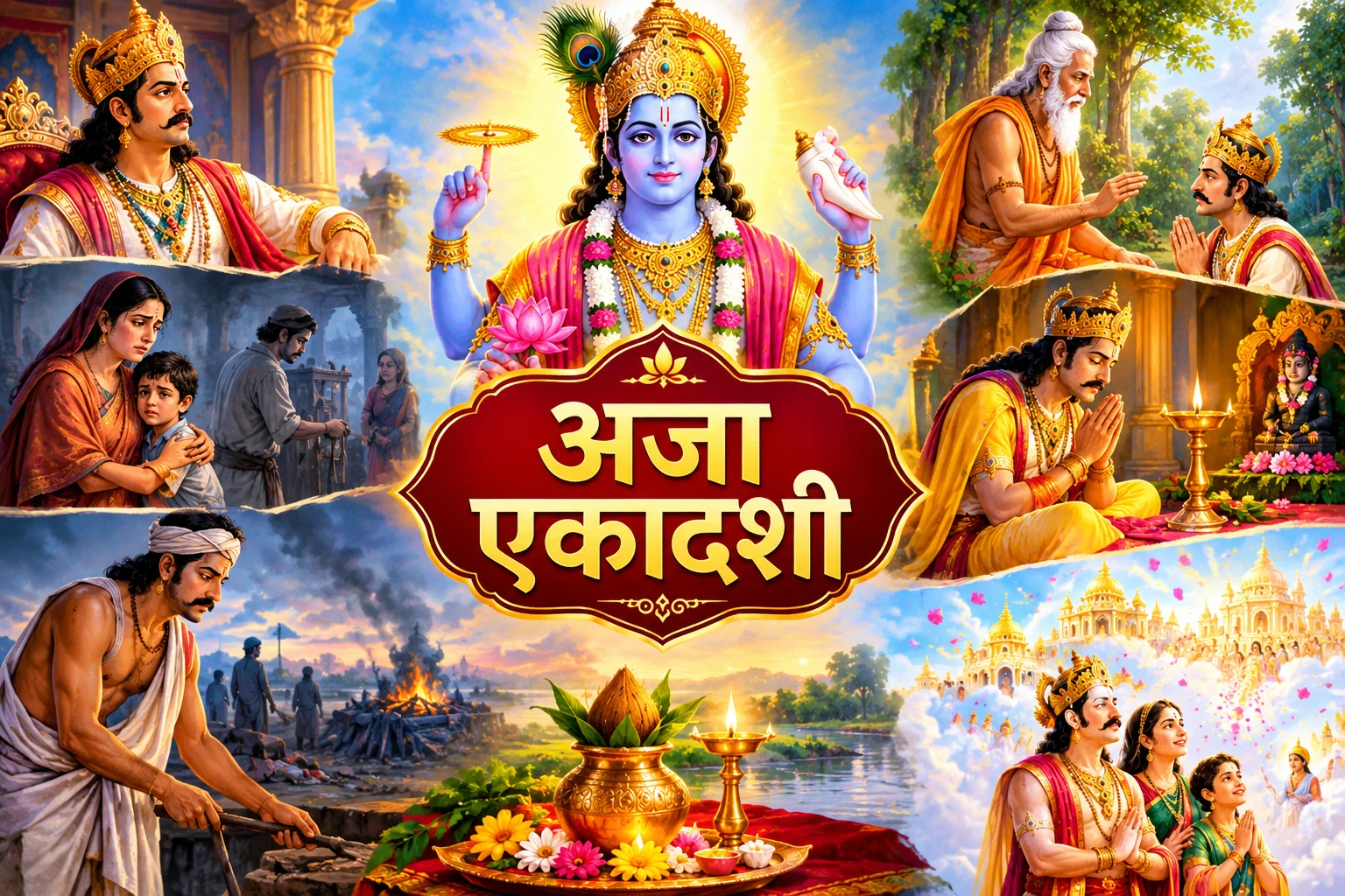 Royal depiction of truthful King Harishchandra and his wife in their palace - a scene from aja ekadashi vrat ki katha.